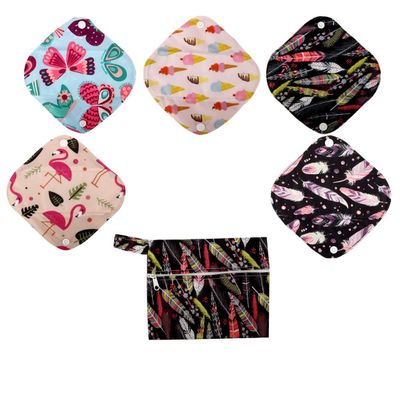 5 Cloth Menstrual Pads 1 Wet Bag XS Panty Liners Reusable Washable (XS Panty Liners, Feather)