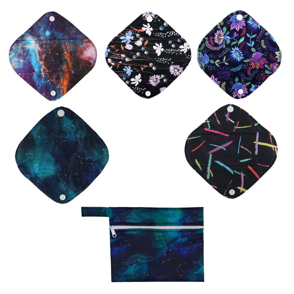 5 Cloth Menstrual Pads 1 Wet Bag XS Panty Liners Reusable Washable (XS Panty Liners, Floral)