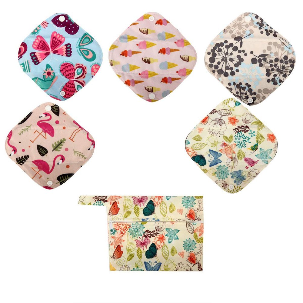 5 Cloth Menstrual Pads 1 Wet Bag XS Panty Liners Reusable Washable (XS Panty Liners, Bloom)