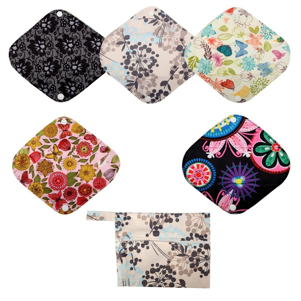 5 Cloth Menstrual Pads 1 Wet Bag Small Panty Liners Reusable Washable (Small Panty Liners, Flowers)