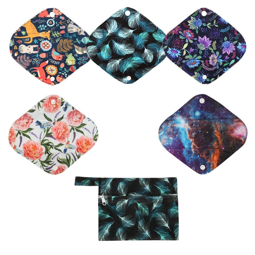 5 Cloth Menstrual Pads 1 Wet Bag Small Panty Liners Reusable Washable (Small Panty Liners, Blue Feather)