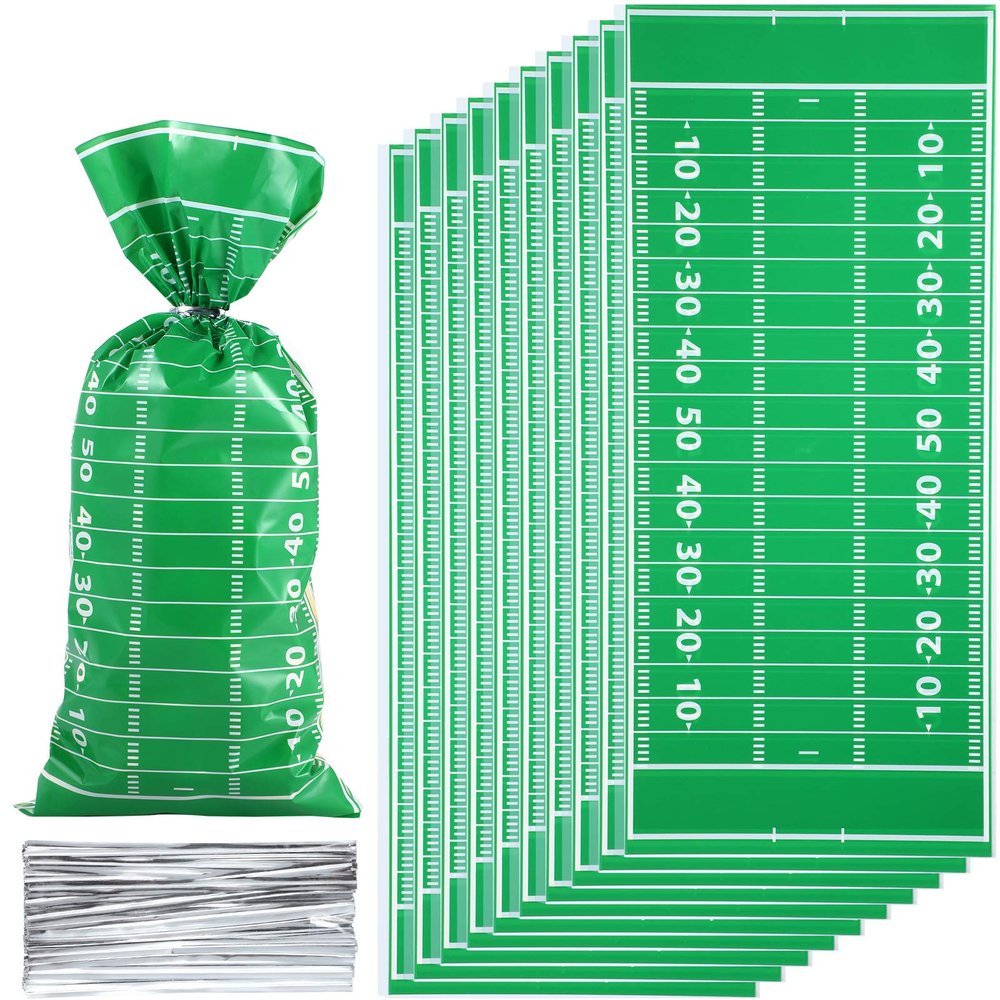 Blulu 100 Pcs Football Goodie Bags Heat Sealable Cellophane Candy Bags Treat with Silver Twist Ties for Football Theme Birthday Party Favor Decorations