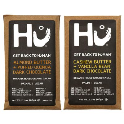 Hu Vegan Chocolate Bars | 2 Pack Almond Butter + Cashew Vanilla | Gluten Free, Paleo, Non GMO, Kosher Dark Chocolate | 2.1oz Each