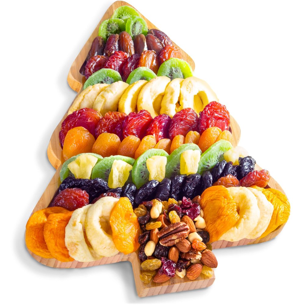 A Gift Inside Season's Greetings Dried Fruit Gift on Reusable Bamboo Christmas Tree Serving Tray