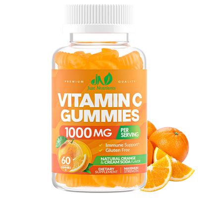 Vitamin C Gummies 1000mg Chewable Multivitamin for Adults & Kids with Zinc for Immune & Collagen Support Maximum Strength, Natural Orange Flavor Gluten Free, Non-GMO, Vegetarian 60 Gummies