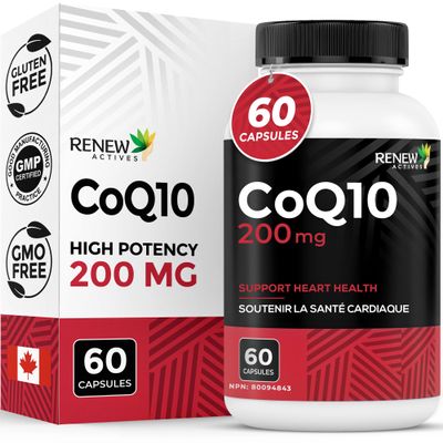 Renew Actives CoQ10 Ubiquinone Supplement 200MG per Serving Supports Heart Health, Migraine Relief, Immune System Boost Antioxidant Support & Energy High Potency, Made in Canada - 60 Capsules