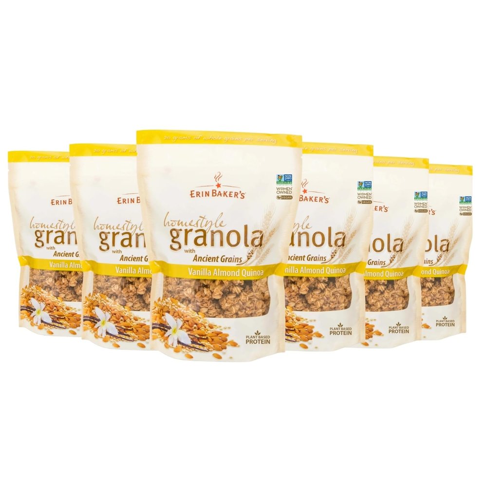 Erin Bakers Homestyle Vanilla Almond Quinoa Granola with Ancient Grains - Made from Natural Ingredients, Crunchy, Versatile Snack or Cereal - Vegan Friendly, Non-GMO, Resealable 120oz Bags, 6Pack