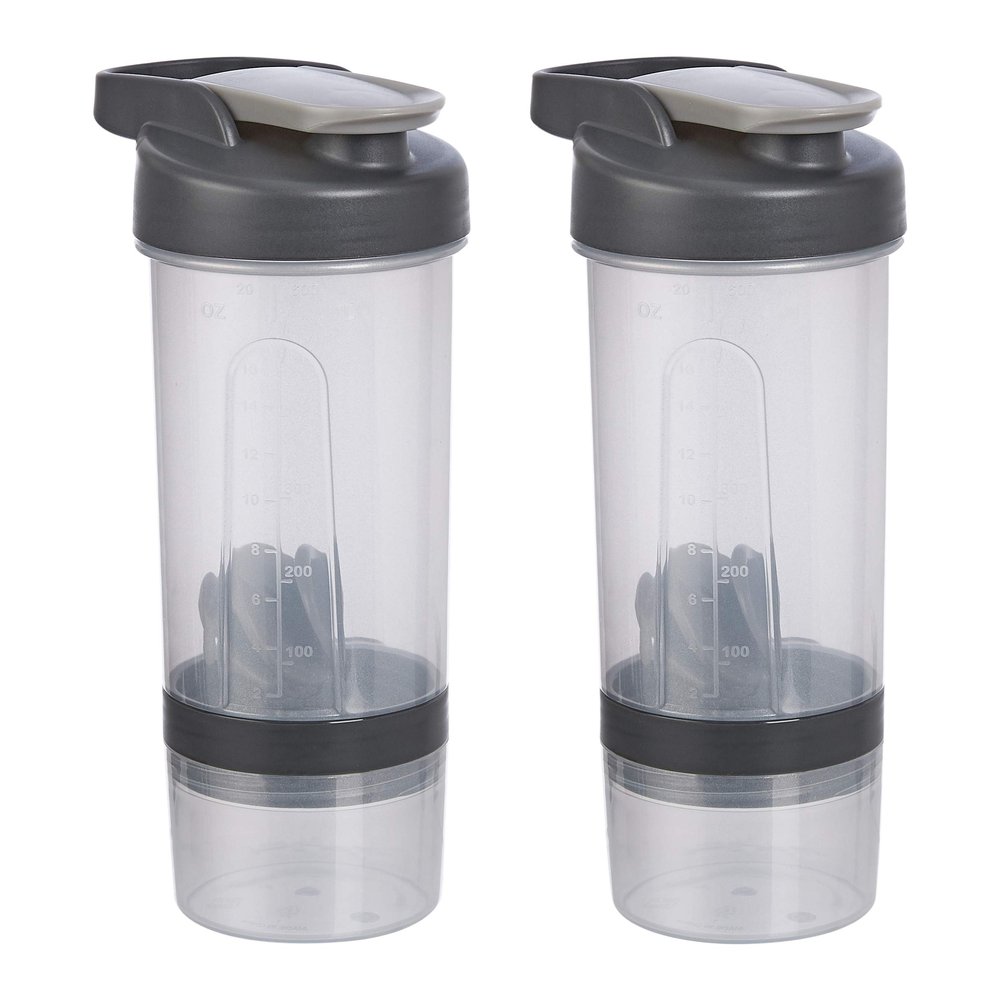 Amazon Basics Protein Shaker Bottle with Mixer Ball, Cups for Shakes, 20 oz, 2-Pack, Gray, 11.8x9x23 cm