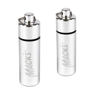 Macks Keychain Carrying Case, Aluminum, Waterproof Ear Plugs Holder 2 Pack (Silver)