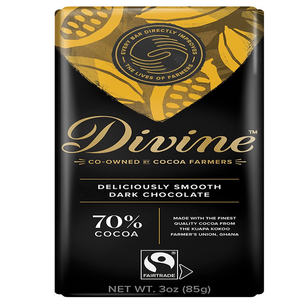 Divine Chocolate Bars - 70% Dark Chocolate - Made with Fairtrade Cocoa, Natural Ingredients, No Artificial Flavors | 3oz. Bars (12 Pack)