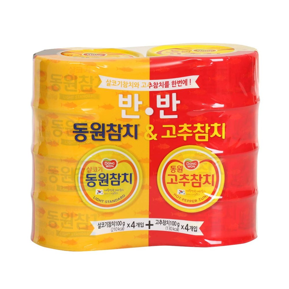 [ 8 Packs ] Dongwon tuna Light  100g x 4, Hot Red Pepper Tuna  100g x 4