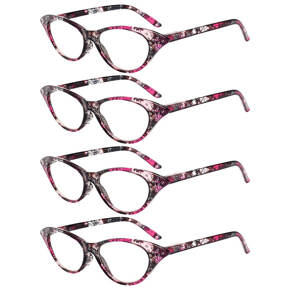 OWN4B Reading Glasses 4 Pack, Cat Eye Rhinestones Vintage Fashion Designer (4 Pack Red, 1.0)