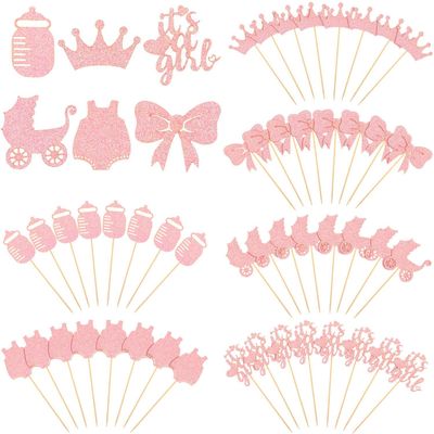 48 Pieces Baby Shower Cupcake Toppers for Girls Glitter Pink Baby Girl Food Picks Baby Shower Toothpicks for Girls Birthday Cake Decorations Party Favors Supplies