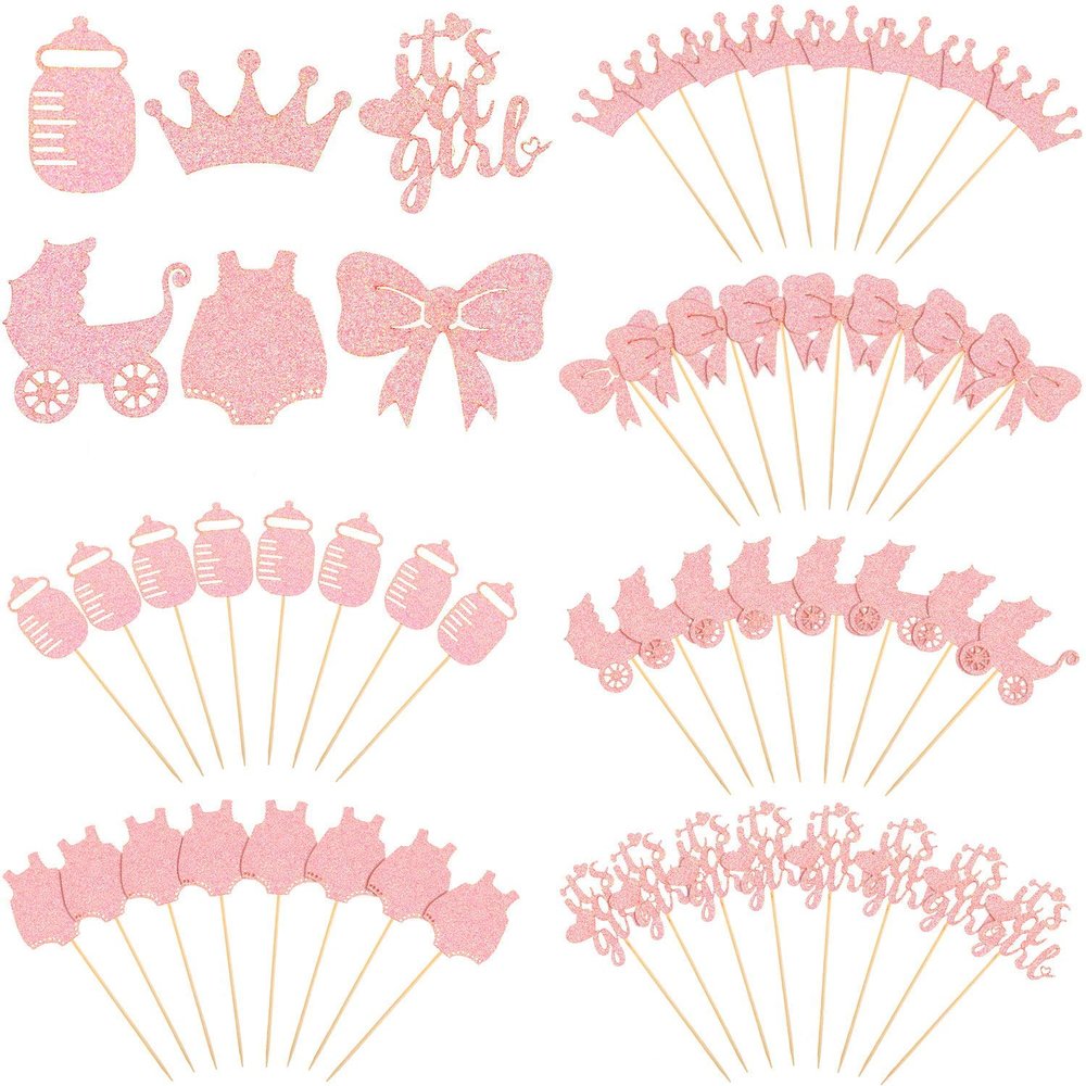 48 Pieces Baby Shower Cupcake Toppers for Girls Glitter Pink Baby Girl Food Picks Baby Shower Toothpicks for Girls Birthday Cake Decorations Party Favors Supplies