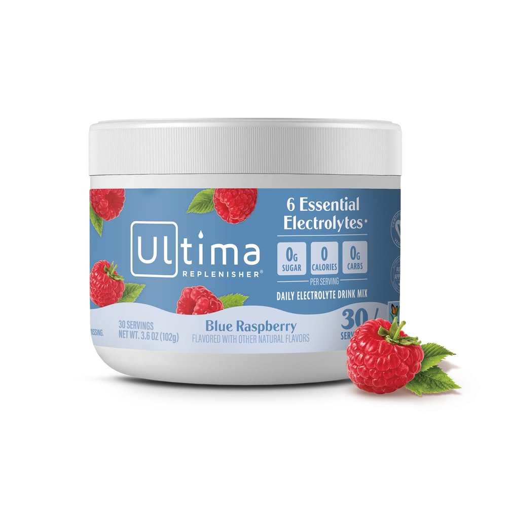Ultima Replenisher Daily Electrolyte Powder Drink Mix  Sugar Free  Blue Raspberry, 30 Servings  Hydration Powder with 6 Electrolytes and Trace Minerals  Keto Friendly, Vegan, Non-GMO