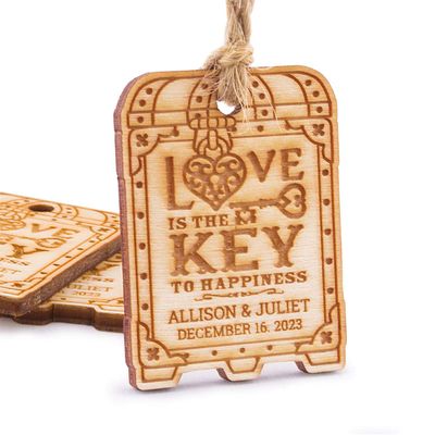 Summer-Ray 50pcs Personalized Wooden Treasure Chest Love is The Key to Happiness Wedding Bridal Shower Gift Tags