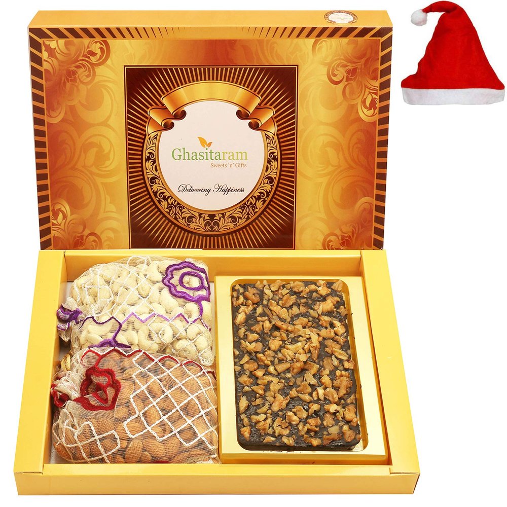 Ghasitaram Gifts Christmas Gifts Christmas Chocolates Big Box of Walnut Chocolate Bark 200 GMS, Almonds 200 GMS and Cashews 200 GMS Pouch