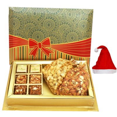 Ghasitaram Gifts Christmas Gifts Christmas Chocolates 6 Pcs Assorted Choco Dryfruit Bites 150 GMS,Almonds 200 GMS, Cashews 200 GMS Pouches in Fancy Gift Box