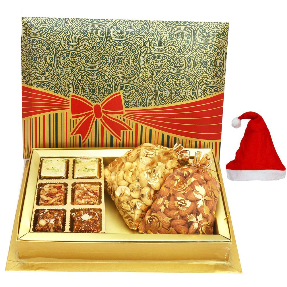 Ghasitaram Gifts Christmas Gifts Christmas Chocolates 6 Pcs Assorted Choco Dryfruit Bites 150 GMS,Almonds 200 GMS, Cashews 200 GMS Pouches in Fancy Gift Box