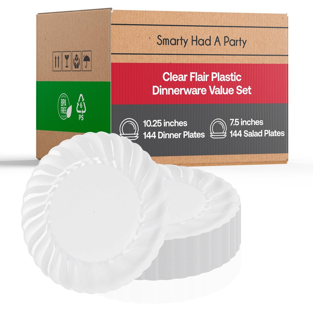Elegant Disposable Plastic Heavy Duty Dinnerware Sets, Flared Plastic Plates, Combo Set For Wedding, Birthday & All Occasions (Clear, Combo Plate Set (144 Guests))