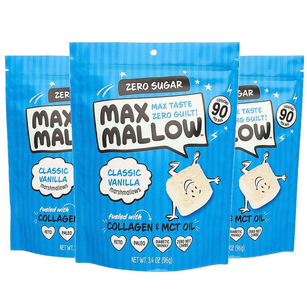 Max Mallow Sugar Free Marshmallows - Keto Friendly, Perfect for S'mores, Hot Chocolate, and Baking with Zero Sugar Snacks, Smores Mct Oil Zero Sugar Marshmellow Marshmallow Classic Vanilla, 3 Pack