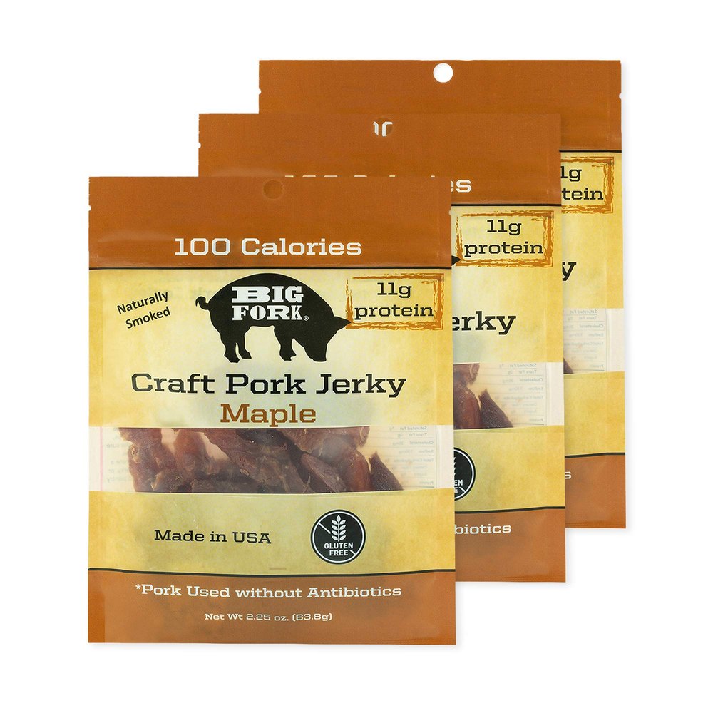 Big Fork Craft Pork Jerky  Maple Flavor | Bacon-Inspired, Small-Batch Jerky Made from 100% Berkshire Pork | Keto, Paleo, Gluten-Free, High-Protein Snack | 3 Bags (2.25 oz Each)