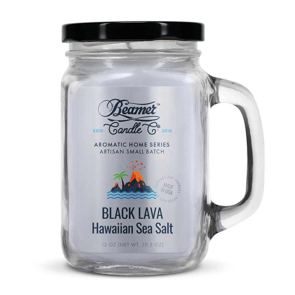 Black Lava Hawaiian Sea Salt  Strong Scent Candle with Sea Salt, Jasmine & Rosewater  90 Hour Burn  12oz Mason Jar  Made in USA  Beamer Candle Co.