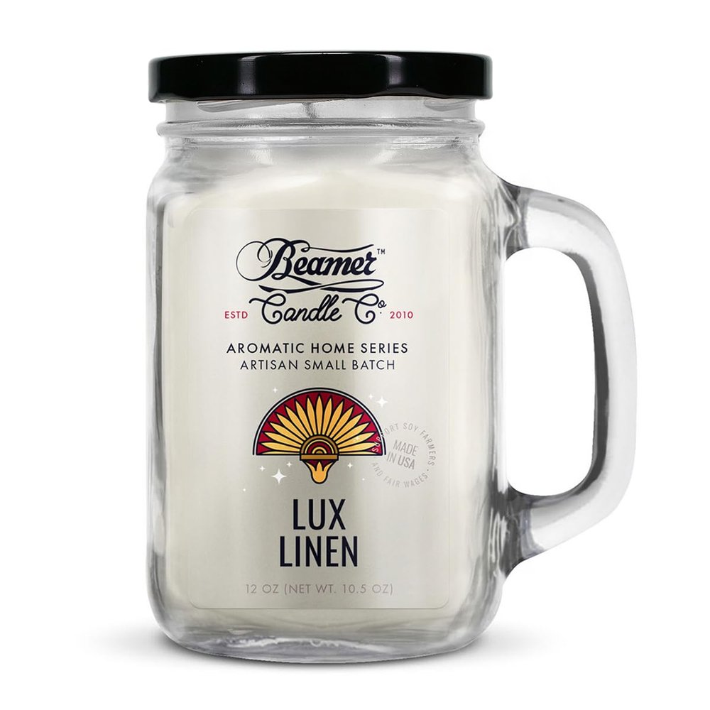 Lux Linen Candle  Odor Eliminating, Strong Scent  Light Fresh Laundry  Long Lasting 90 Hour Burn  Large 12oz Mason Jar  Made in USA  Beamer Candle Co.