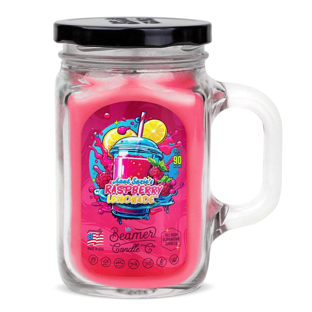 Aunt Suzies Raspberry Lemonade Candle  Strong Scent  Raspberry with Fresh Lemon  Long Lasting 90 Hour Burn  Large 12oz Mason Jar  Made in USA  Beamer Candle Co.