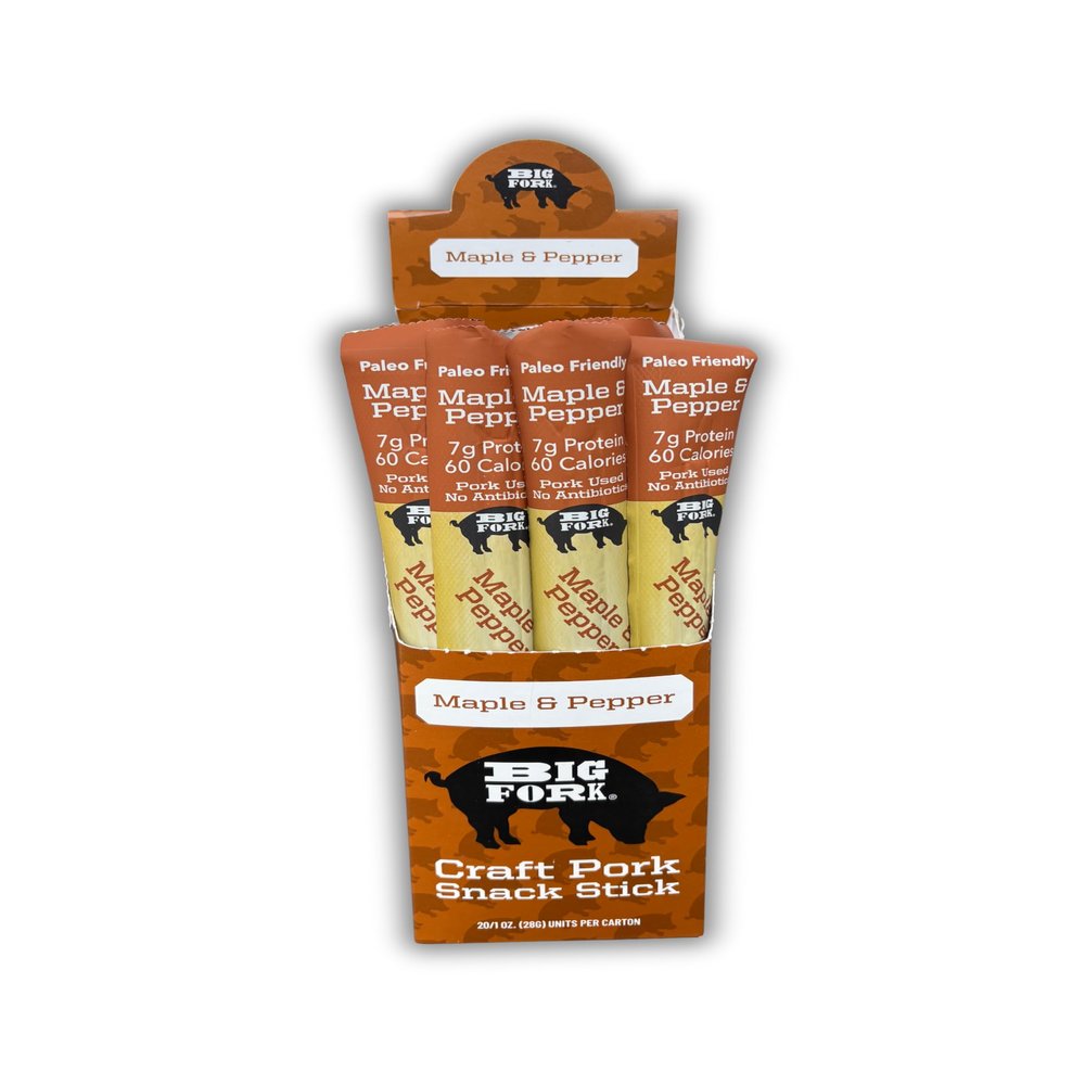 Big Fork Maple & Pepper Pork Snack Sticks Small-Batch, Hickory-Smoked Meat Sticks | 100% Berkshire Pork with Real Maple & Black Pepper | Keto, Paleo, Gluten-Free, High-Protein Snack | 20 Count (1 oz Each)