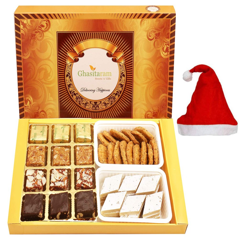 Ghasitaram Gifts Christmas Gifts - Big Box of 12 Pcs Assorted Bites 240 GMS , Kaju Katli 200 GMS and Methi Mathi 200 GMS