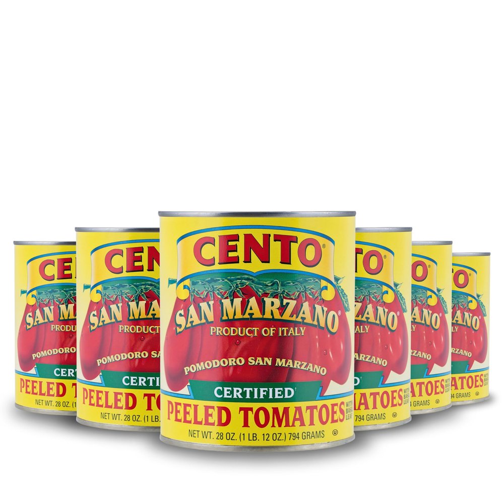 Cento Certified San Marzano Whole Peeled Tomatoes, 28 Oz (Pack of 6), Canned Plum Tomatoes in Thick Puree with Basil, Grown and Processed in Italy