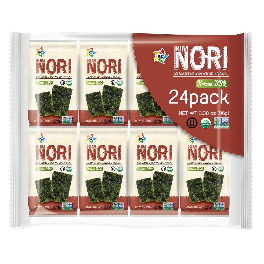 KIMNORI Seasoned Seaweed Snacks Sheets  Organic Korean BBQ Flavor 24 Individual Packs, Roasted Crispy Premium, 100% Natural Laver, Kim Nori 4g 0.14 Ounce