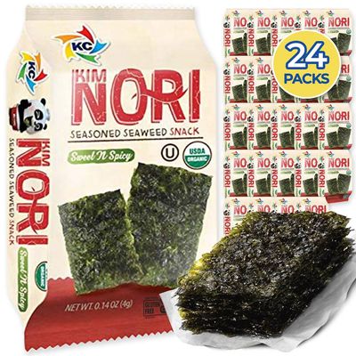 KIMNORI Seasoned Seaweed Snacks Sheets  Organic Sweet 'N Spicy Flavor 24 Individual Packs Roasted Crispy Premium 100% Natural Laver Kim Nori 4g 0.14 Ounce
