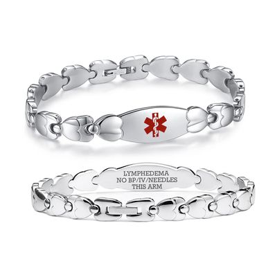 LinnaLove Double Heart Medical alert Bracelet for Women 7 1/2 inches Stainless steel no iv no bp alert bracelet for Lymphedema alert