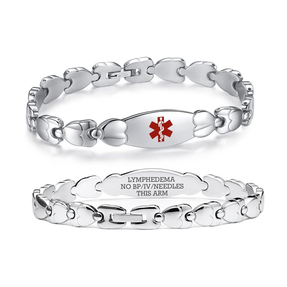 LinnaLove Double Heart Medical alert Bracelet for Women 7 1/2 inches Stainless steel no iv no bp alert bracelet for Lymphedema alert