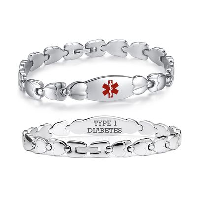 LinnaLove Double Heart Medical alert Bracelet for Women 7 1/2 inches Stainless steel Medical alert bracelets for Type 1 Diabetes