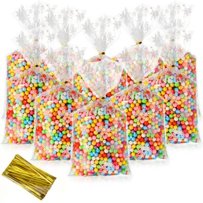HESTYA Flat Snowflake Clear Cellophane Treat Bags 5 x 11 Inches 50 Counts Block Bottom Patterned Storage Sweet Bags Twist Ties for Christmas Party Favor Bakery Packaging