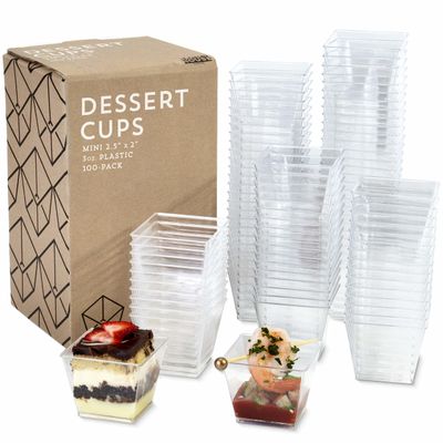 3oz. Mini Dessert Cups, 100-pack - Clear Plastic Square Cups - Small Disposable Shooters for Tasting Parfait, Fruit, Cake, Ice Cream, Sauces, Jelly Shots & Appetizers, Parties, Catering & Restaurants