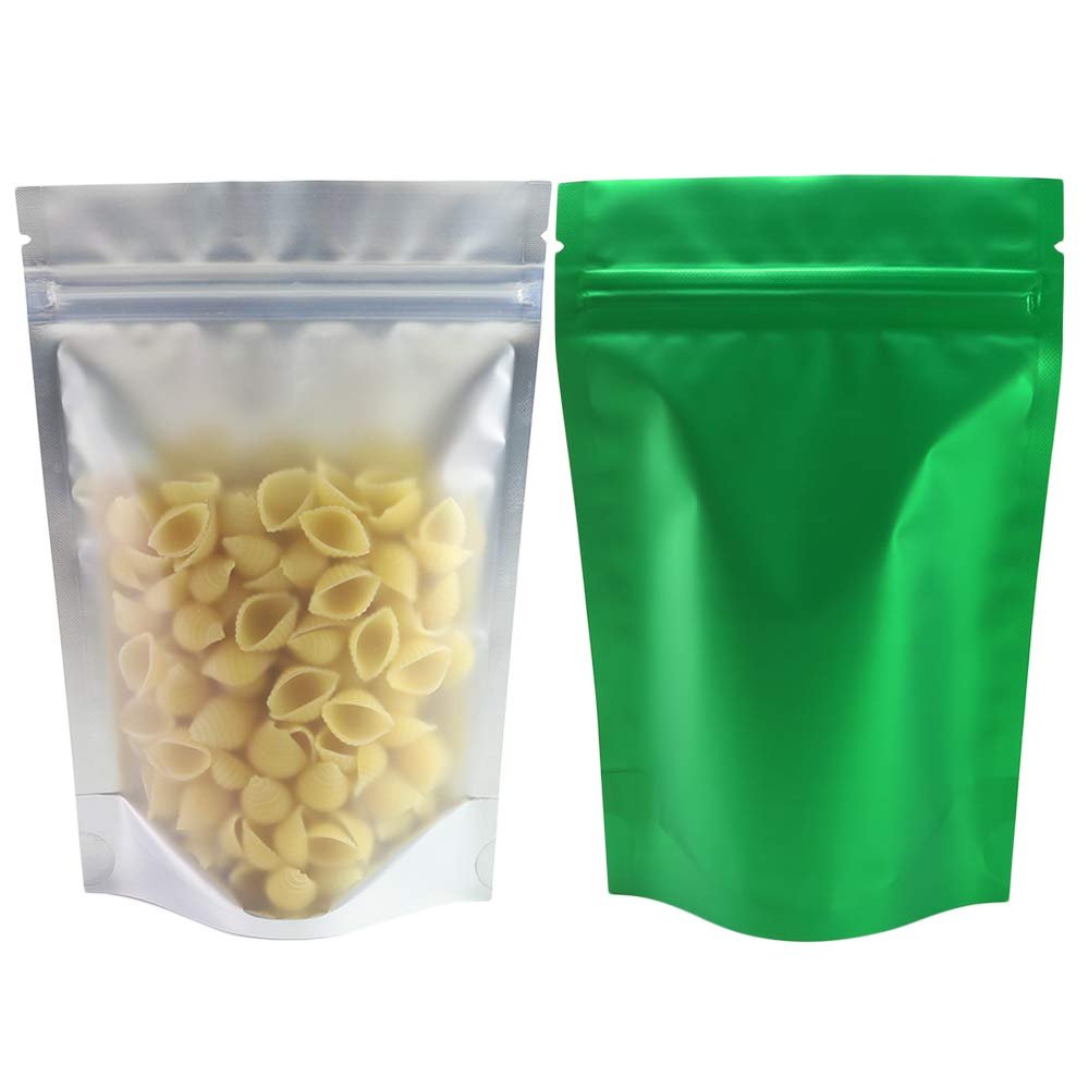 100pcs Frosted Clear Window Stand Up Colored Metallic Foil Resealable Zipper Seal Bags (Green, Standup | 10.5oz)
