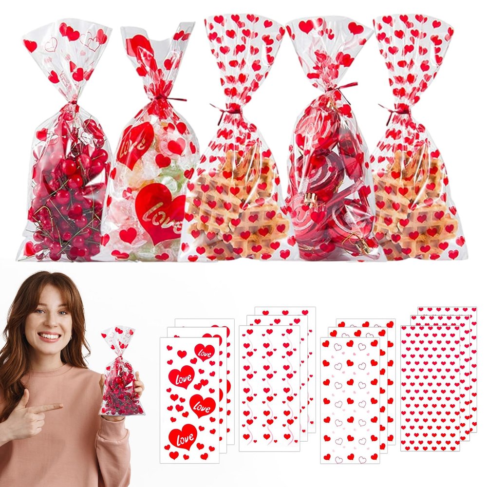 Biubee 160Pcs 10.6''x5'' Valentine Cellophane Bags- 4 Assorted Styles Valentines Favor Treat Gift Goodie Cello Bags Clear with 160pcs Twist Ties for Valentines Party Kids Class Supplies Candy Cookies