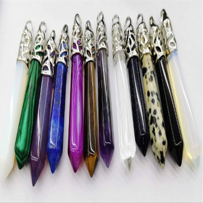10pcs Mixed Gemstone Genuine Clear White Quartz Natural Onyx Gemstones Long Hexagonal Pointed Healing Reiki Chakra Silver Pendant 18inch