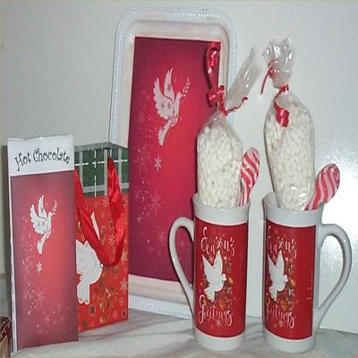 Christmas Dove Mugs Coffee Hot Chocolate Metal Tray Marshmallow Peppermint Spoon