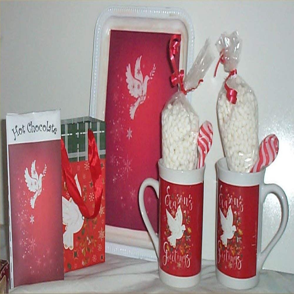 Christmas Dove Mugs Coffee Hot Chocolate Metal Tray Marshmallow Peppermint Spoon