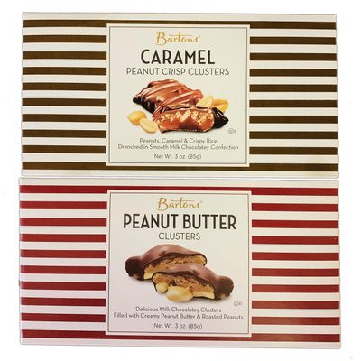 Bartons Peanut Cluster 3 Oz Pack Of 2! Caramel Peanut Crisp Cluster And Peanut Butter Cluster! Chocolate Covered Peanuts Snack! Delicious Chocolate Peanut Clusters Treat!