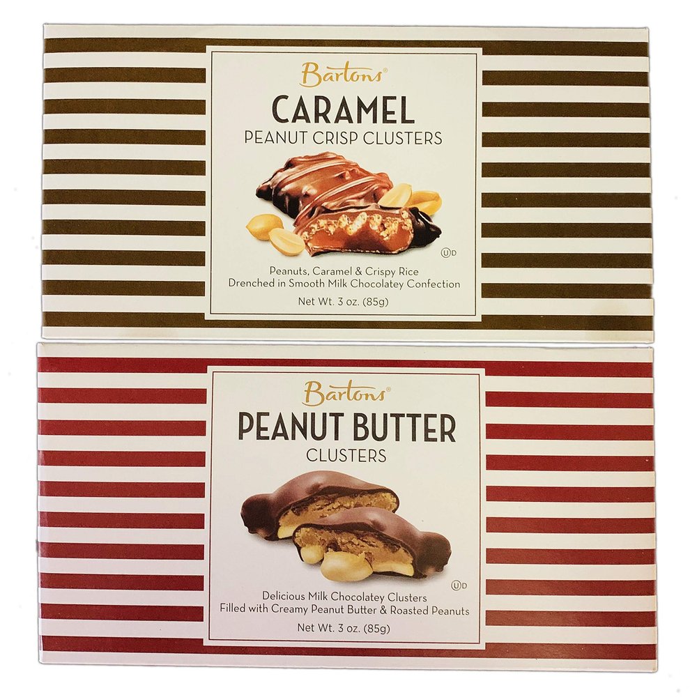Bartons Peanut Cluster 3 Oz Pack Of 2! Caramel Peanut Crisp Cluster And Peanut Butter Cluster! Chocolate Covered Peanuts Snack! Delicious Chocolate Peanut Clusters Treat!