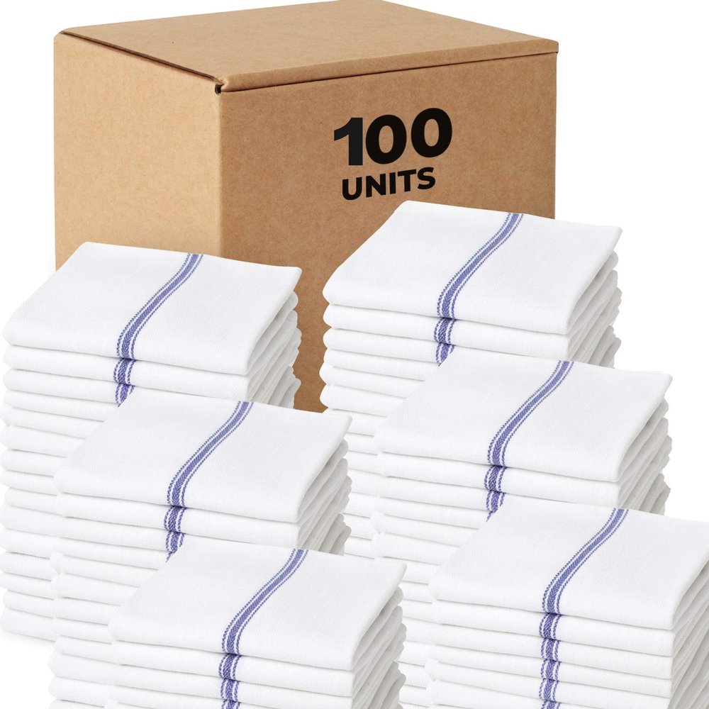 Bulk Economy Wholesale Kitchen Dish Towels (100 Towels) - 100% Cotton Herringbone - Commercial Grade - Bleach Resistant - Restaurant Bar Mops - 24 oz/dz - White with Blue Stripes (Blue, 100)