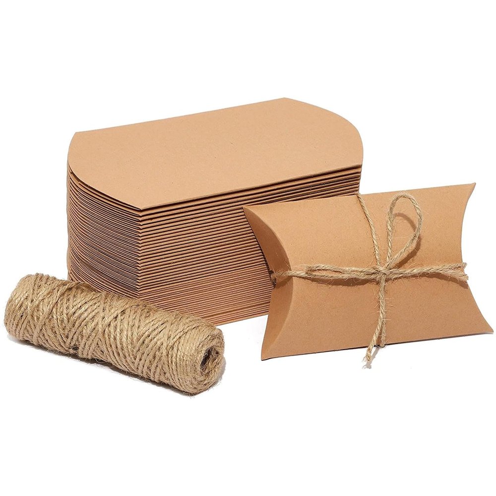 Bright Creations Kraft Pillow Box - 5 x 3 In, Brown, Pack of 50 - Pillow Gift Card Holders & Jewelry Containers with Jute Twine - Wedding & Party Favor Holders