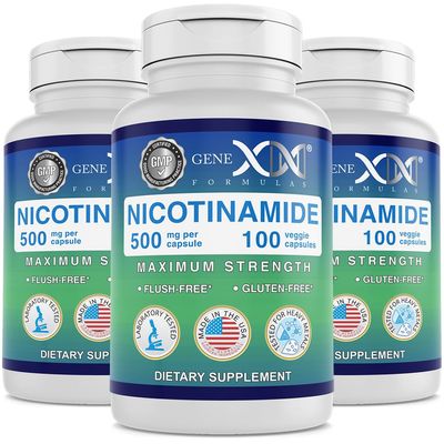 Genex Formulas Nicotinamide 500mg (3-Pack) Vitamin B3 Flush Free Niacin Capsules for Healthy Skin - Niacinamide Supplement Pills help Produce Keratin & Support Skin Cell Health & Energy (300 Capsules)