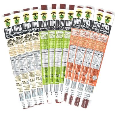 Beef Jerky Variety Pack, Iowa Smoked Recipe 3 Flavors, No Sugar, Non-GMO, 100% Grass Fed Beef Sticks. No Nitrates, Gluten, Soy, MSG, Dairy, or Nuts. Paleo, Whole30 and Keto Snack. Low Calorie High Protein Meat Stick (8 Original, 8 Garlic, 8 Jalapeo,